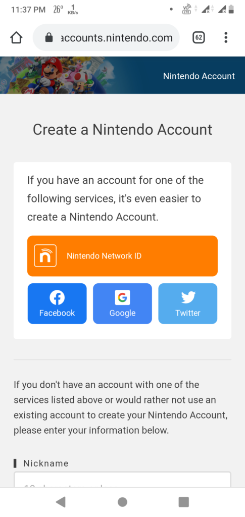 Nintendo Account creation for Mario Kart Tour Game.
